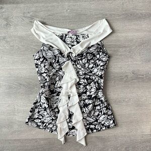Whimsigoth Black & White Lace Print Tiered Blouse Y2K